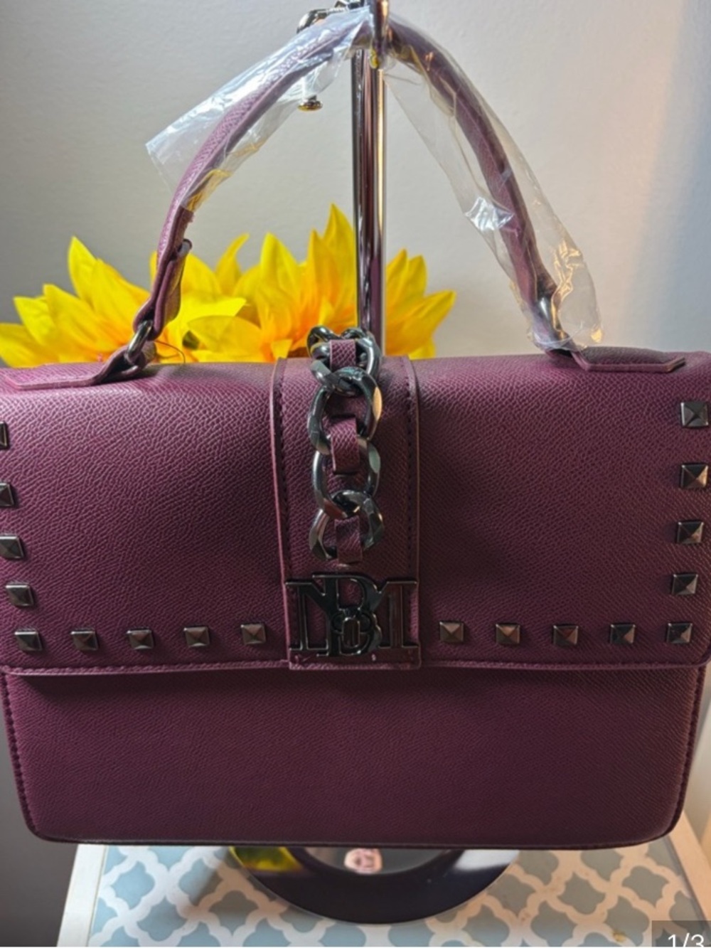 Badgley Mischka Plum Studded Chain-Accent Crossbody Satchel